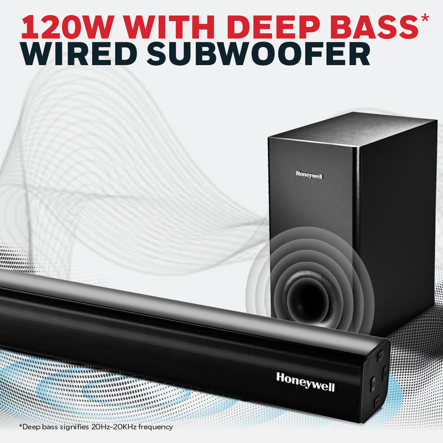 Honeywell Trueno U2000 120W Soundbar with Subwoofer, 2.1 Channel Home Theatre, 51mm*4 Drivers, Bluetooth V5.0, with Remote, 3 EQ Mode, BT, AUX, USB, Optical & HDMI-2 Years Warranty