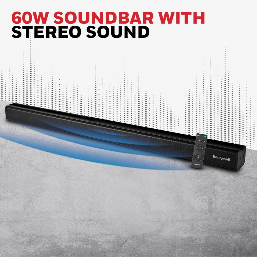 Honeywell Suono P2000 60W Soundbar (94cms), 2.0 Channel Stereo Sound, 51mm*4 Drivers, Bluetooth V5.0 (10m Range), with Remote, 3 EQ Mode, BT, AUX, USB, Optical & HDMI-2 Years Warranty