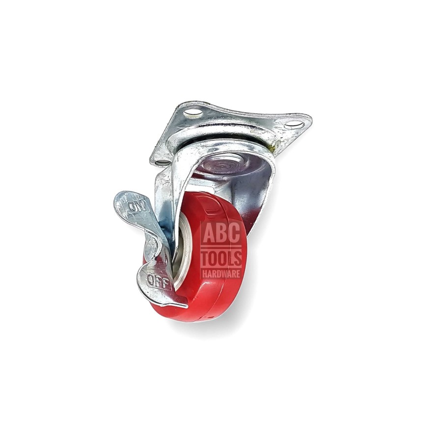 Roda Kastor PVC Merah 2" 5 Cm HIDUP + REM Plat