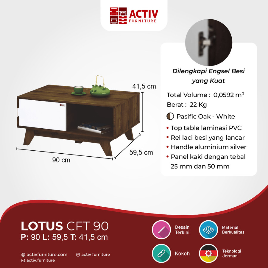 Meja Tamu Activ Lotus CFT 90 Pasific Oak Putih White Coffee Table