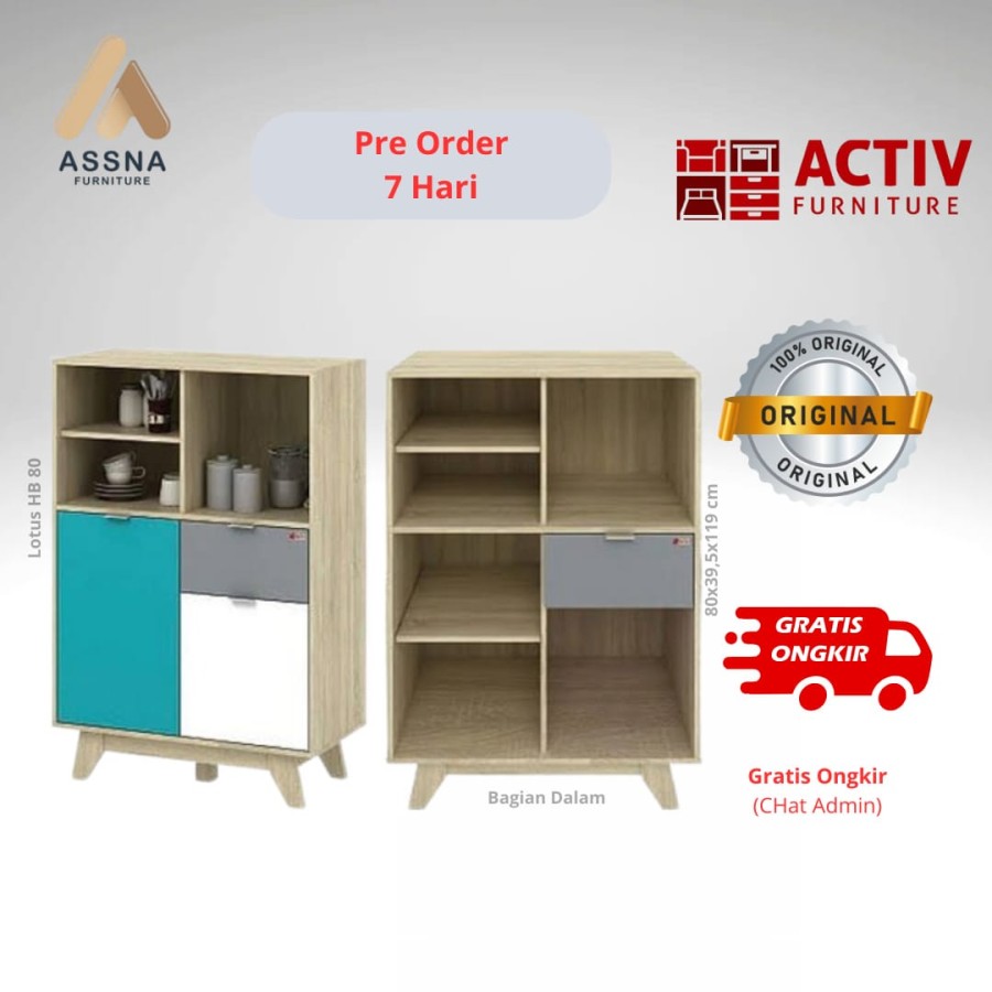 ACTIV LOTUS HB 80 Lemari Buffet Serbaguna Credenza Sonoma Oak Turquoise Grey White