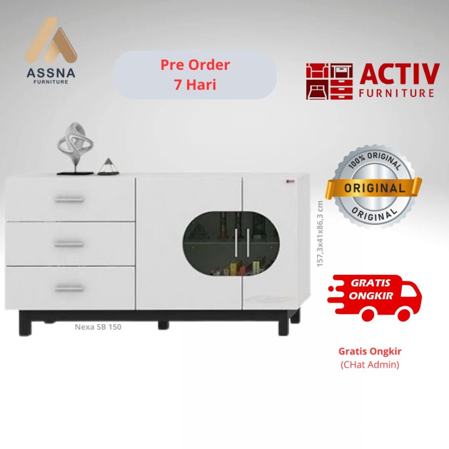 Activ Furniture Nexa SB 150 sideboard rak laci penyimpanan meja cabinet White Putih Glossy Black Hitam