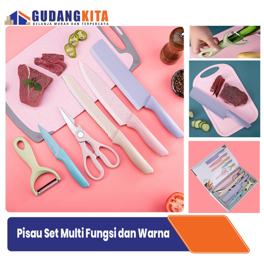 Set Alat Dapur Pisau Peeler Gunting 6 in 1 Warna Pastel