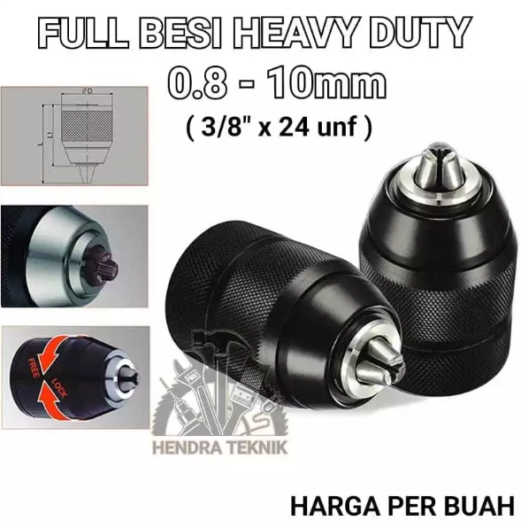 KEPALA BOR 10MM BESI HD DRAT TANPA KUNCI KEYLESS KEPALA BOR 3/8X24unf HEAVY DUTY