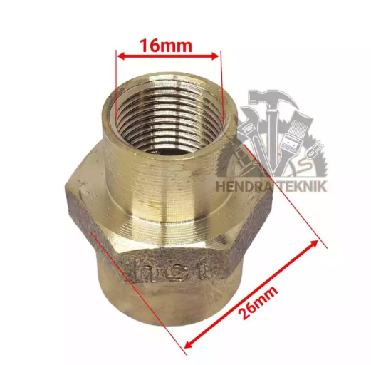 DOUBLE SOCK KUNINGAN 3/8" x 1/2" INCI SOK DRAT DALAM BRASS 16mm x 20mm DOBEL SOK 1/2 x 3/8