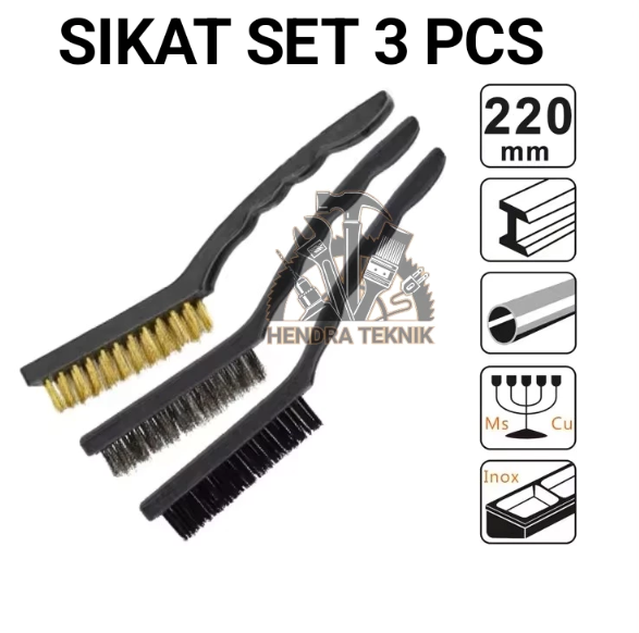 SIKAT SET 3 PCS PANJANG 225MM STAINLESS KUNINGAN NILON SIKAT MESIN SERBAGUNA 9" MURAH