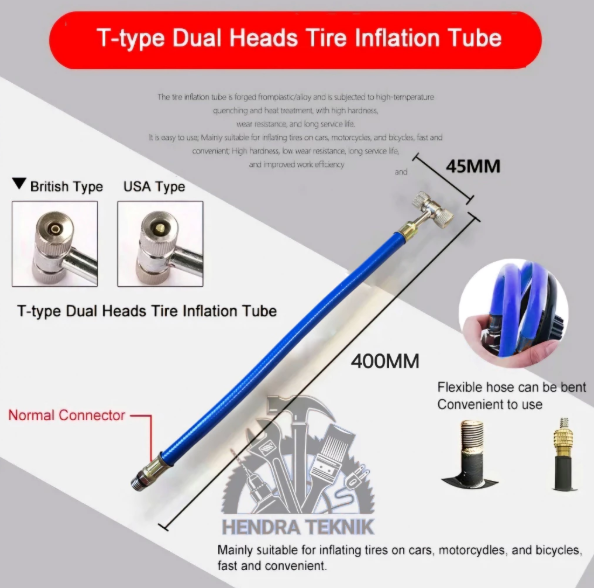 ISIAN BAN LURUS FLEXIBLE PANJANG 40CM ISIAN ANGIN BAN MODEL T AIR CHUCK 2 WAY NEPEL DRAT 1/4"