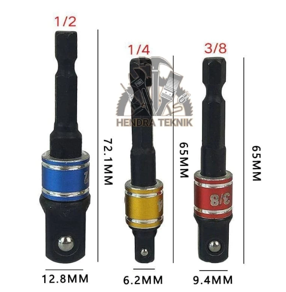 Adaptor sok bor 3pcs 1/4" 3/8" 1/2" sambungan soket mata kunci shock sok ke bor hex driver set