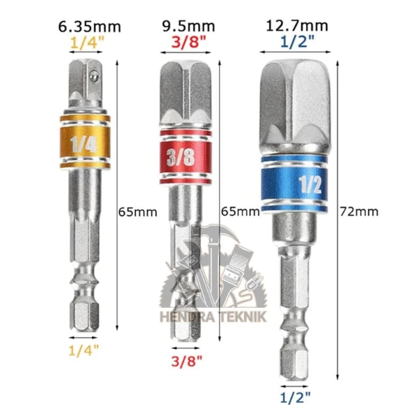 Adaptor sok bor 3pcs 1/4" 3/8" 1/2" sambungan soket mata kunci shock sok ke bor hex driver set