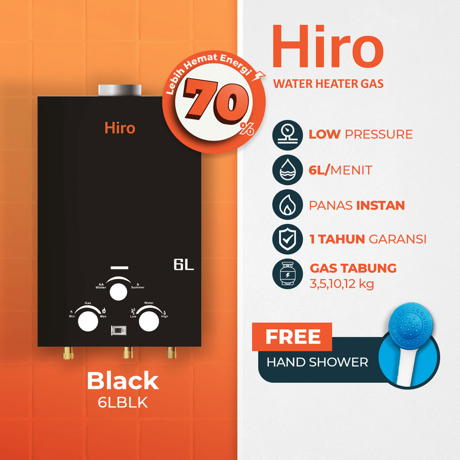 Hiro Water Heater Gas Pemanas Air (HRQ-GWH020-6LBLK) - Black