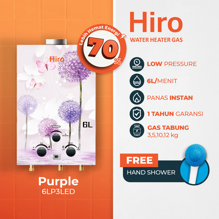 Hiro Water Heater Gas Pemanas Air (HRQ-GWH006-6LP3LED) - Purple