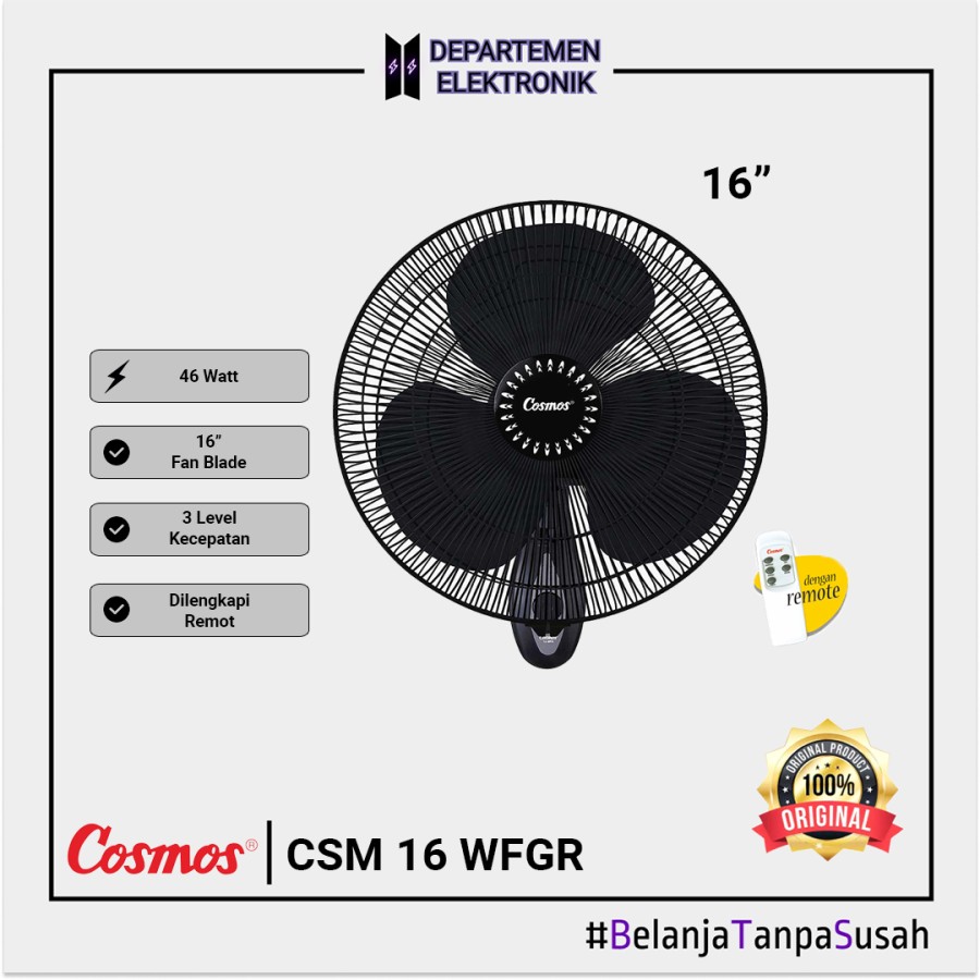 COSMOS 16 WFGR WALL FAN 16 IN BLACK + REMOTE / KIPAS ANGIN DINDING / 1
