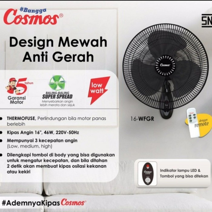 COSMOS 16 WFGR WALL FAN 16 IN BLACK + REMOTE / KIPAS ANGIN DINDING / 1