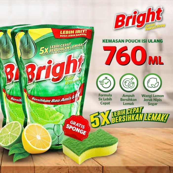 Bright Sabun Cuci Piring Lemon Lime Refill 2 x 760 mL FREE Spons