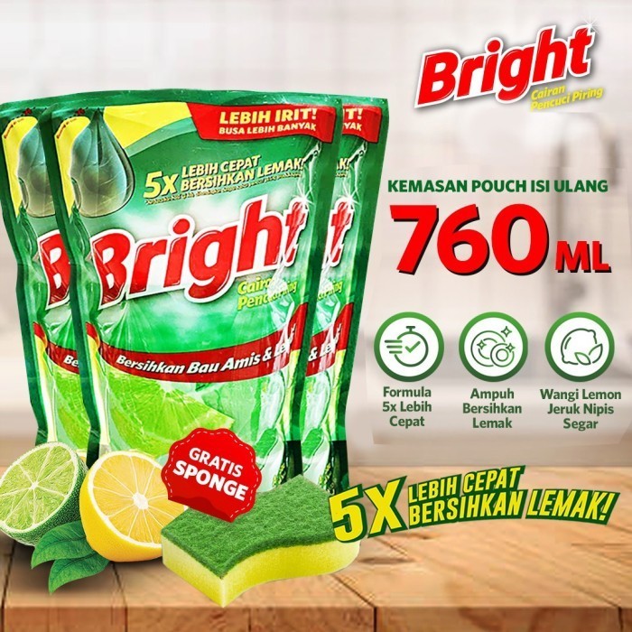 Bright Sabun Cuci Piring Lemon Lime Refill 3 x 760 mL Free spons