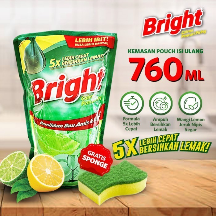 Bright Sabun Cuci Piring Refill 760mL FREE SPONS