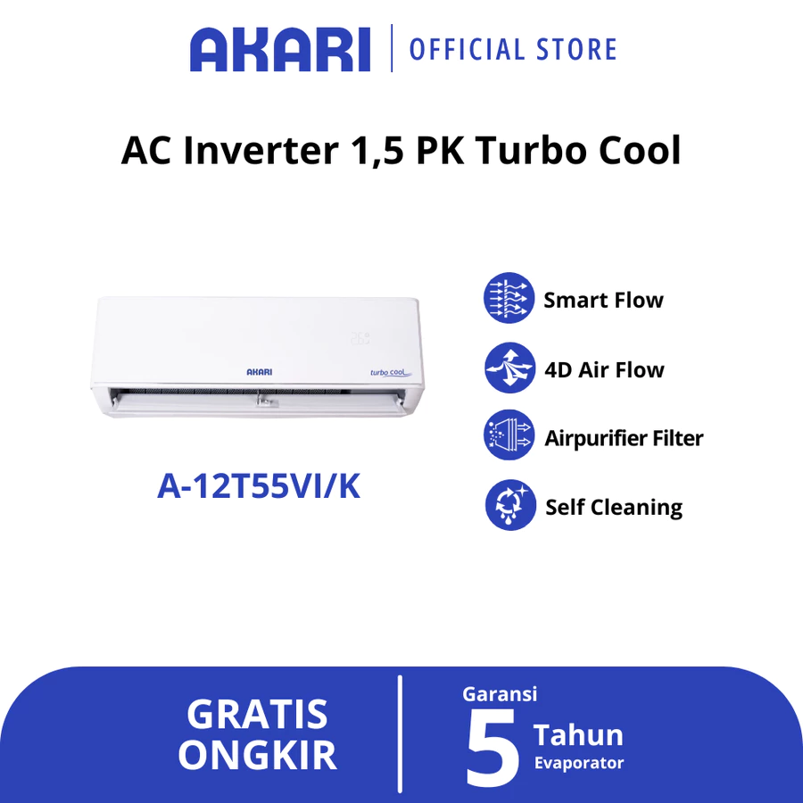[ NEW ] Akari AC 1.5PK Inverter Turbo Cool A-12T55Vi/k Smart Flow