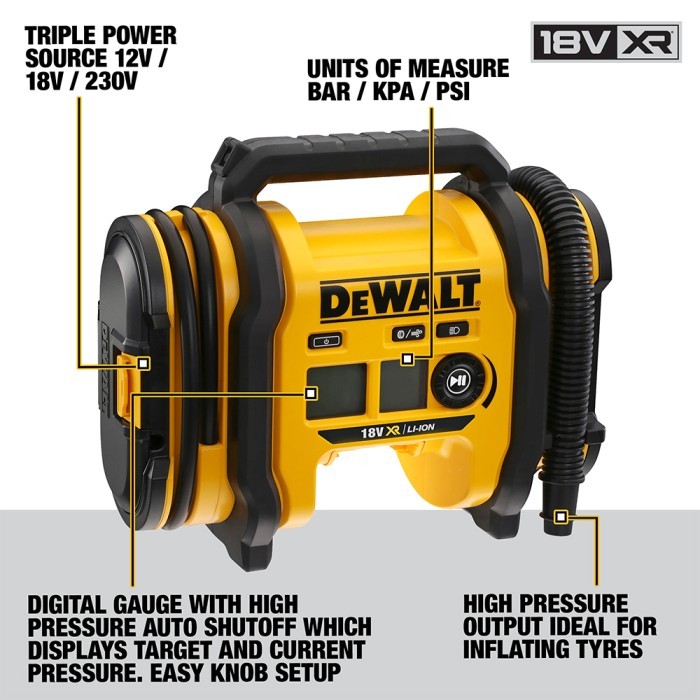 Dewalt Brushless Inflator (Compressor) / Pompa Angin Baterai 18/20V Max 11Bar DCC018N-XJ (Unit Only)