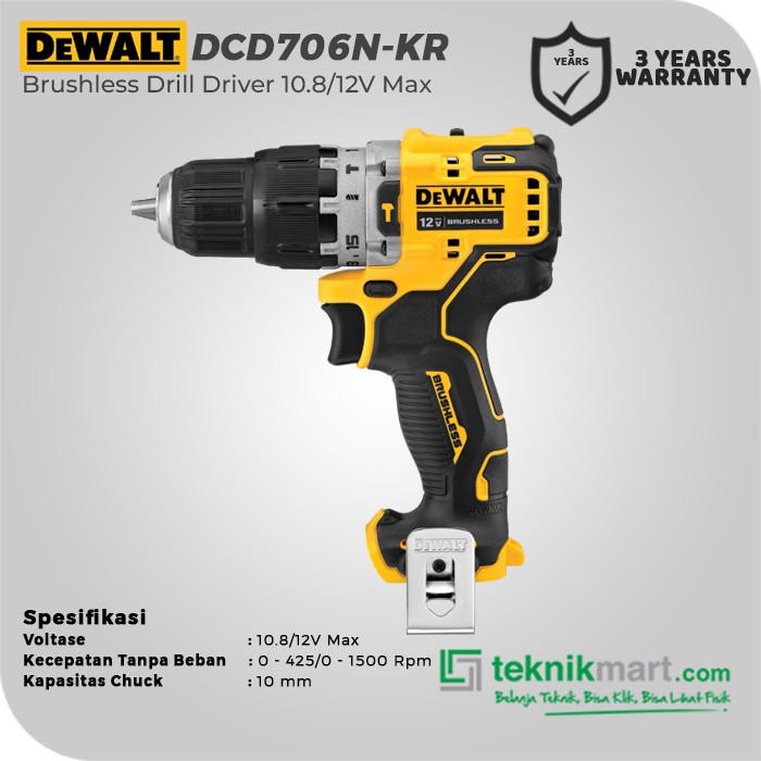Dewalt Brushless Hammer Drill Driver / Bor Tembok Baterai 10.8/12V Max DCD706N-KR (Unit Only)