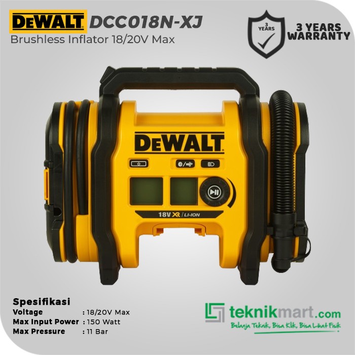Dewalt Brushless Inflator (Compressor) / Pompa Angin Baterai 18/20V Max 11Bar DCC018N-XJ (Unit Only)