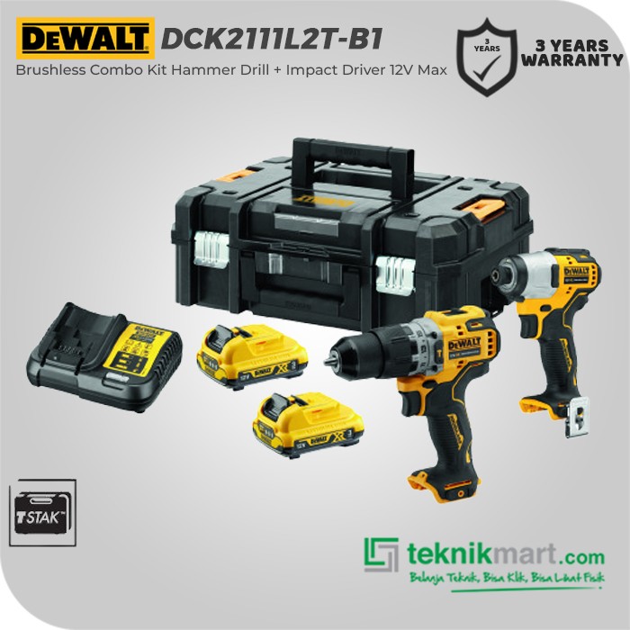 Dewalt Brushless Combo Kita Hammer Drill (DCD706) + Impact Driver (DCF801) 10.8/12V Max DCK2111L2T-B1