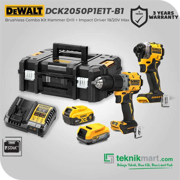 Dewalt Brushless Combo Kit Hammer Drill (DCD805) + Impact Driver (DCF850) 18/20V Max DCK2050P1E1T-B1