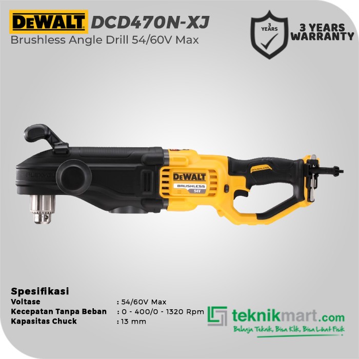 Dewalt Brushless Angle Drill / Mesin Bor Baterai 54/60V Max 13mm DCD470N-XJ (Unit Only)
