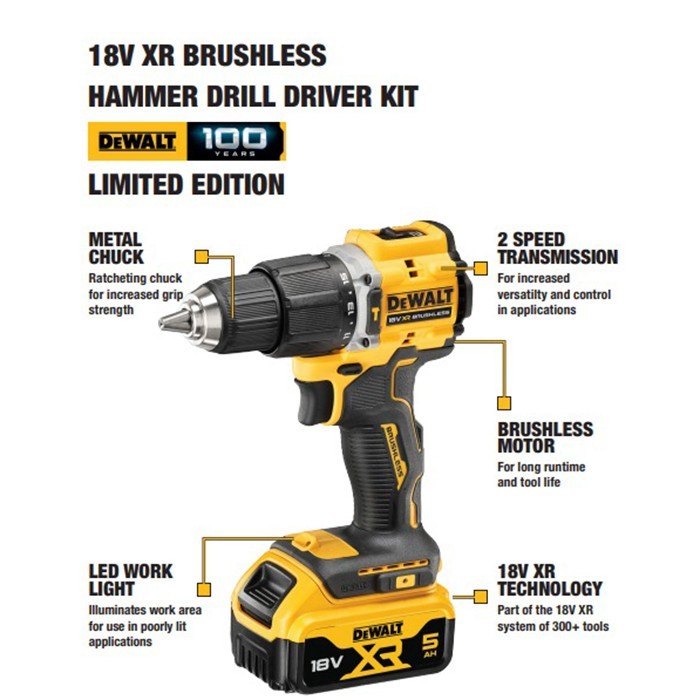 Dewalt Brushless Impact Drill Kit Edition 100th / Bor Impact Baterai 18/20V (max) DCZ100P2KT-QW
