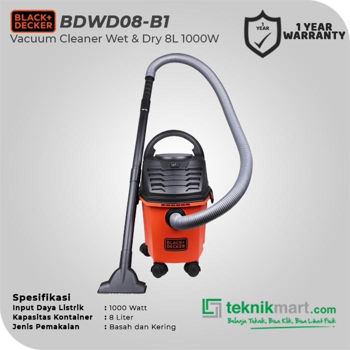 Black+Decker Vacuum Cleaner Wet & Dry 1000 Watt 8 Liter BDWD08-B1