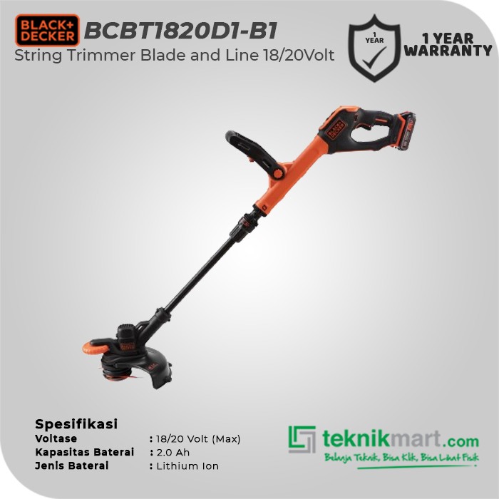Black+Decker String Trimmer With Blade and Line / Pemotong Rumput Baterai 18/20V (max) BCBT1820D1