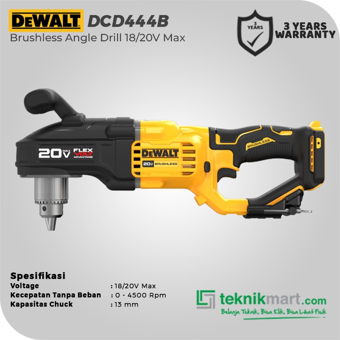 Dewalt Brushless Angle Drill / Mesin Bor Baterai 18/20V Max 13mm DCD444B (Unit Only)