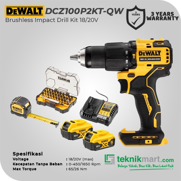 Dewalt Brushless Impact Drill Kit Edition 100th / Bor Impact Baterai 18/20V (max) DCZ100P2KT-QW