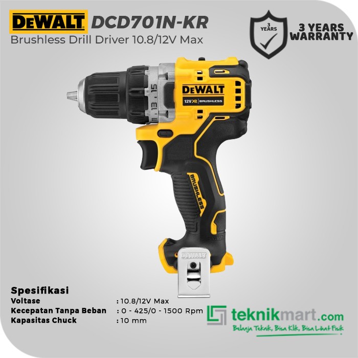 Dewalt Brushless Drill Driver / Bor Obeng Baterai 10.8/12V Max DCD701N-KR (Unit Only)