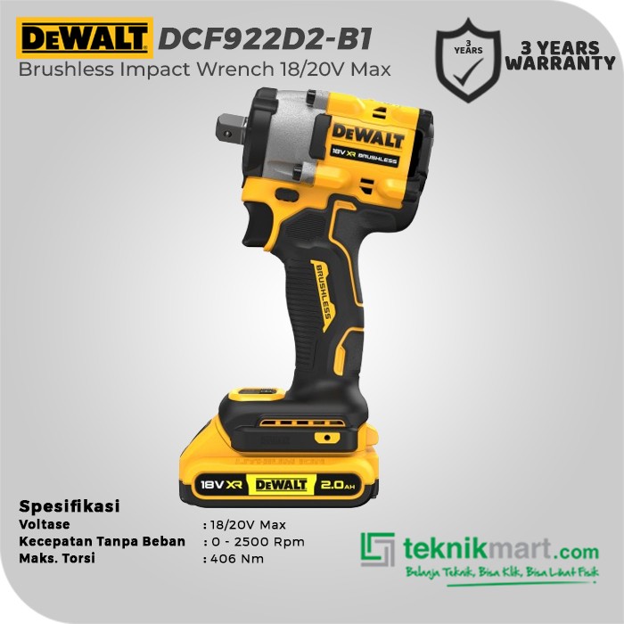 Dewalt Brushless Impact Wrench / Kunci Impact Baterai 18/20V Max DCF922D2-B1