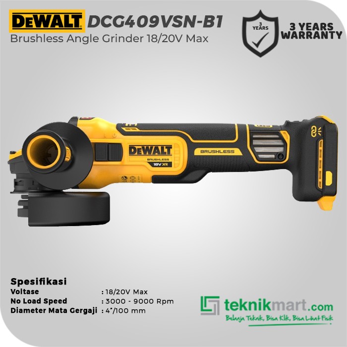 Dewalt Brushless Angle Grinder / Gerinda Tangan Baterai 18/20V Max 4"/100mm DCG409VSN-B1 (Unit Only)