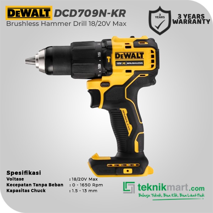 Dewalt Brushless Hammer Drill / Bor Tembok Baterai 18/20V max 13mm DCD709N-KR (Unit Only)