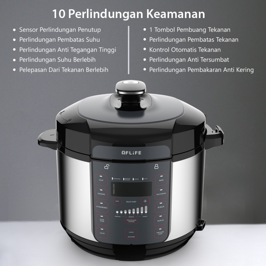 FLIFE Elektronik Pressure Cooker - Panci Presto 5 L - Super Low Watt