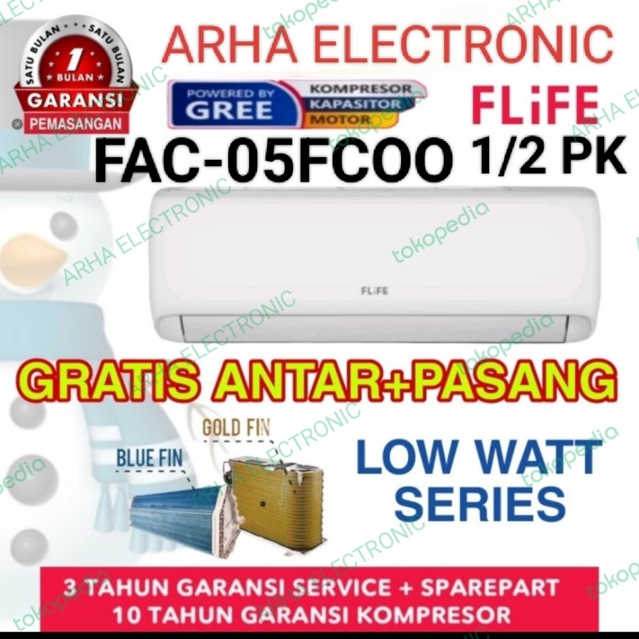 AC gree FLIFE split 1/2 PK FAC-05 FCOO low Watt + pasang dan instalasi