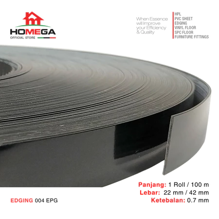 HOMEGA PVC Edging- Pelapis Meja PVC - Tekstur Black Glossy - Ukuran 22 mm / 42 mm - Kemasan 1 Roll / 100 