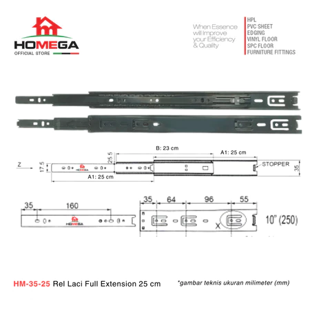 HOMEGA HM 35 Rel Laci Double Track Full Extension Non Slow Motion Non Soft Close - Ukuran 25 30 35 40 45 50 cm - 1 Pasang (2pcs)