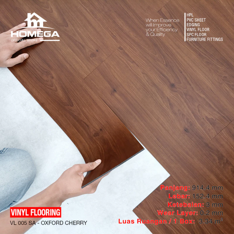 HOMEGA VINYL Flooring - Lantai Kayu Parket Parkit Parquet Stiker - Tekstur Wood Oxford Cherry - 1 Box = 24 pcs