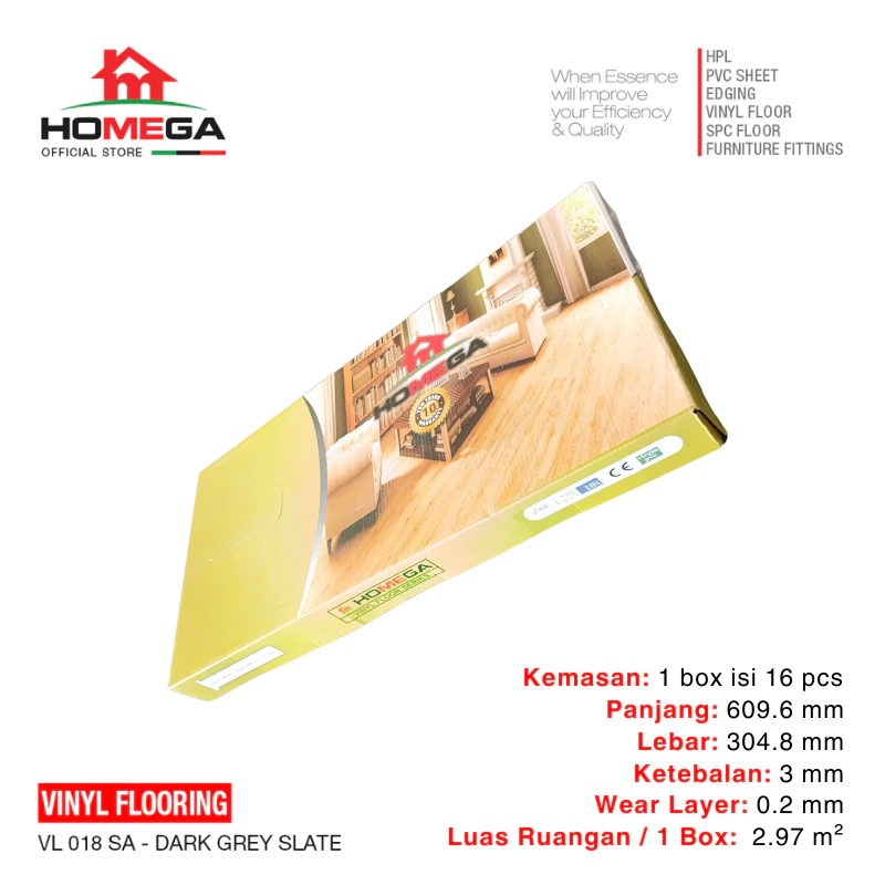 HOMEGA VINYL Flooring - Lantai Kayu Parket Parkit Parquet Stiker - Tekstur Stone Dark Grey Slate - 1 Box = 16 Pcs