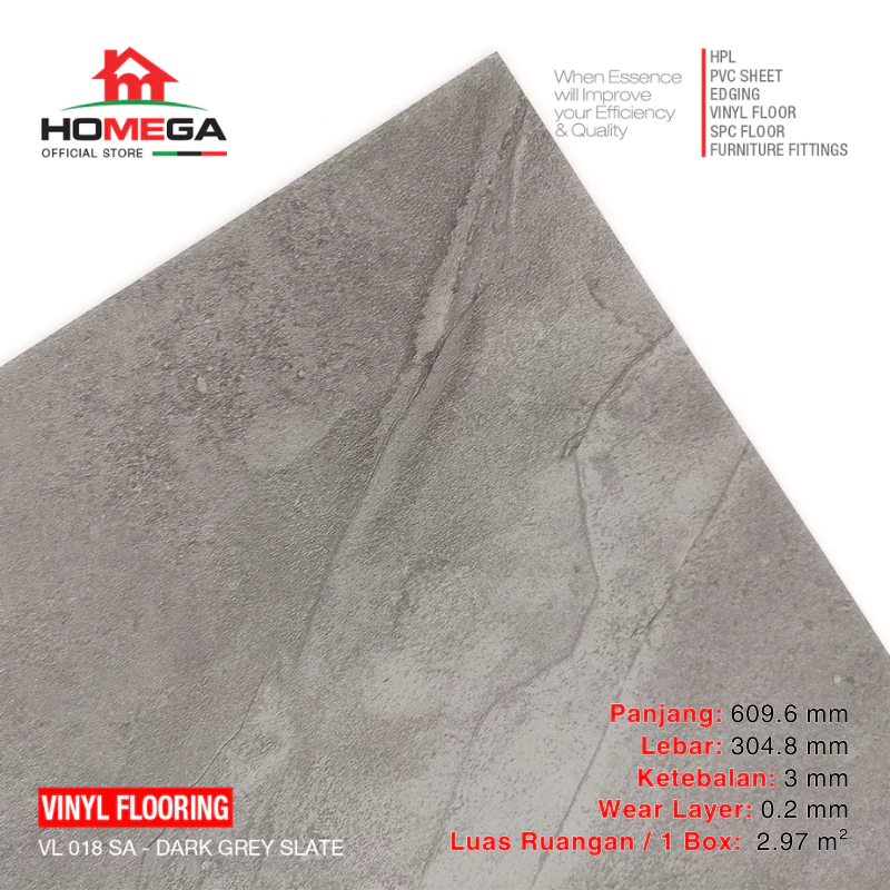 HOMEGA VINYL Flooring - Lantai Kayu Parket Parkit Parquet Stiker - Tekstur Stone Dark Grey Slate - 1 Box = 16 Pcs