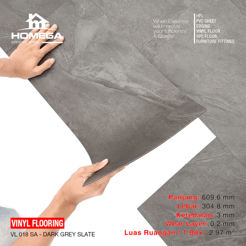HOMEGA VINYL Flooring - Lantai Kayu Parket Parkit Parquet Stiker - Tekstur Stone Dark Grey Slate - 1 Box = 16 Pcs