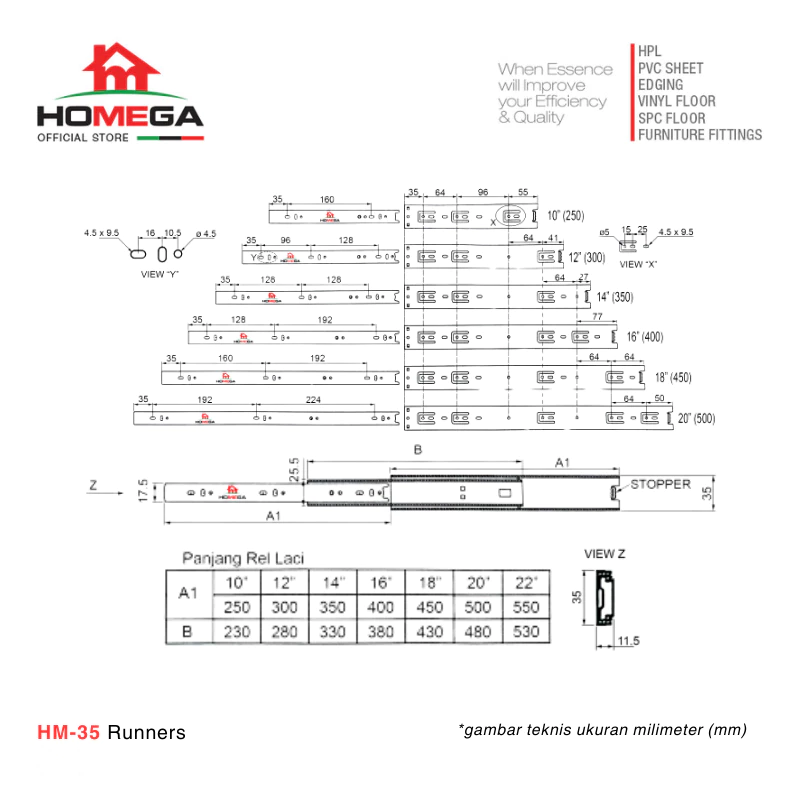 HOMEGA HM 35 Rel Laci Double Track Full Extension Non Slow Motion Non Soft Close - Ukuran 25 30 35 40 45 50 cm - 1 Pasang (2pcs)