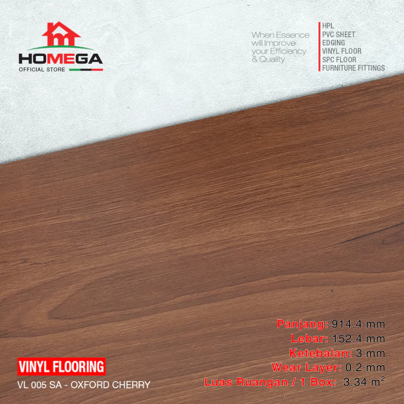 HOMEGA VINYL Flooring - Lantai Kayu Parket Parkit Parquet Stiker - Tekstur Wood Oxford Cherry - 1 Box = 24 pcs