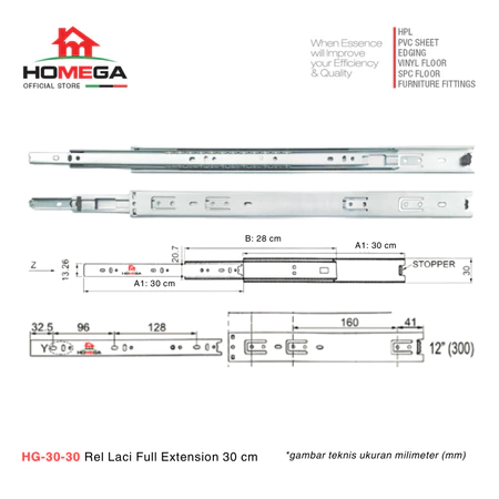 HOMEGA HG 30 Rel Laci Double Track Full Extension Non Slow Motion Non Soft Close - Ukuran 25 30 35 40 cm - 1 Pasang (2pcs)