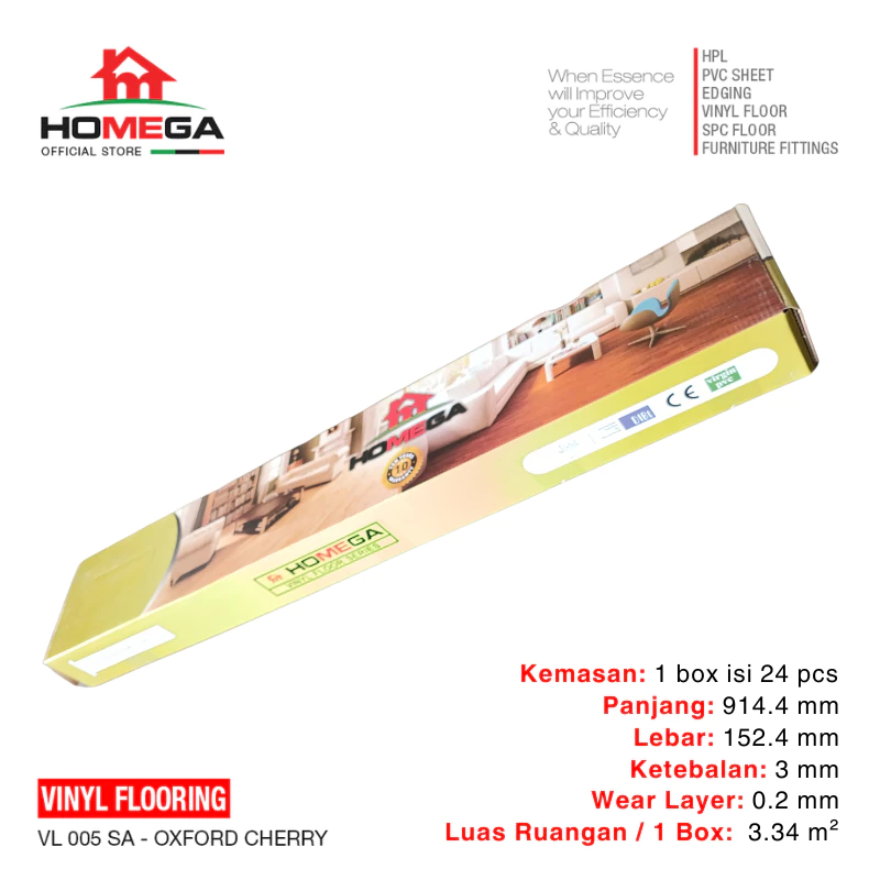HOMEGA VINYL Flooring - Lantai Kayu Parket Parkit Parquet Stiker - Tekstur Wood Oxford Cherry - 1 Box = 24 pcs