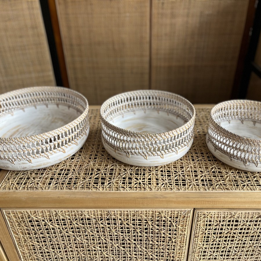 Mangkuk rotan kombinasi kayu/ white wash/ anyaman jaling/ set of 3