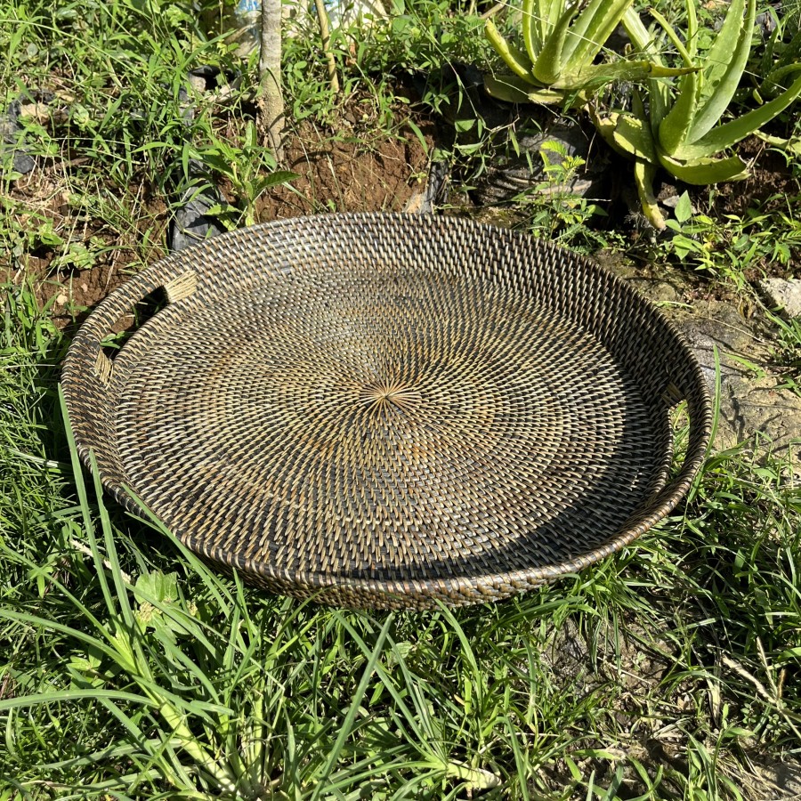 Tray Bundar Rotan/Warna Black wash/Anyaman Rotan